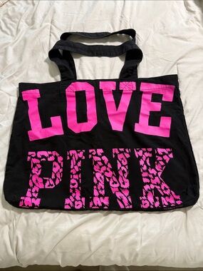 Victoria's Secret Black Tote with Hot Pink LOVE PINK Logo.  New